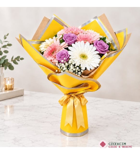 Beyaz - Pembe Gerbera, Lila Gül Buketi